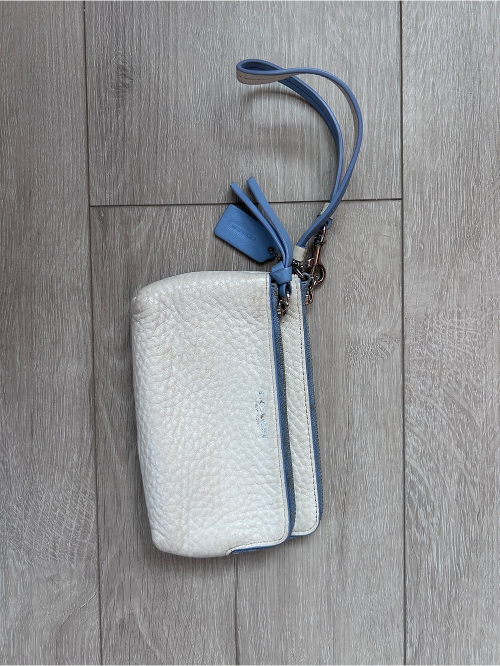 Coach White Leather Wristlet with Blue Trim